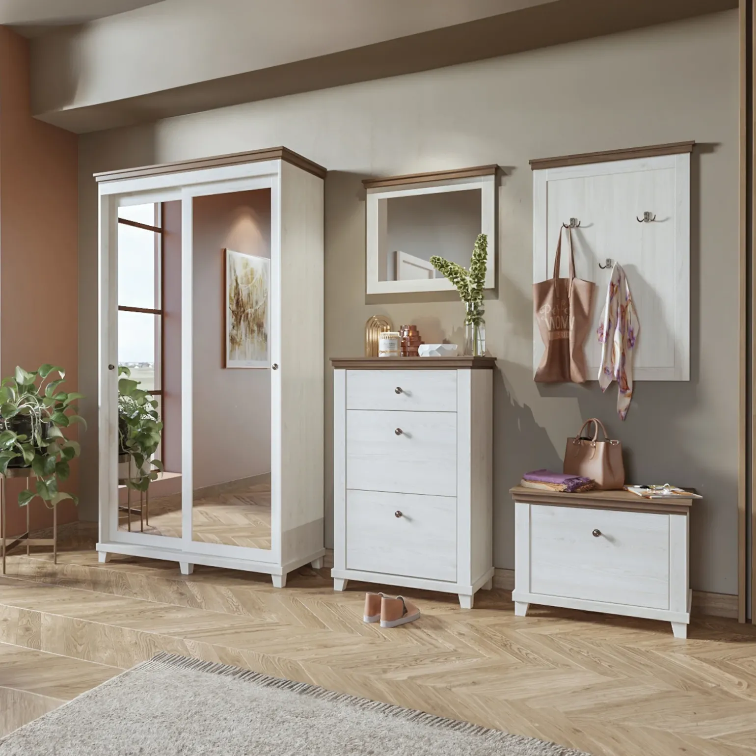 Armadio ingresso 120X216h cm 2 ante specchio bianco rovere Texel