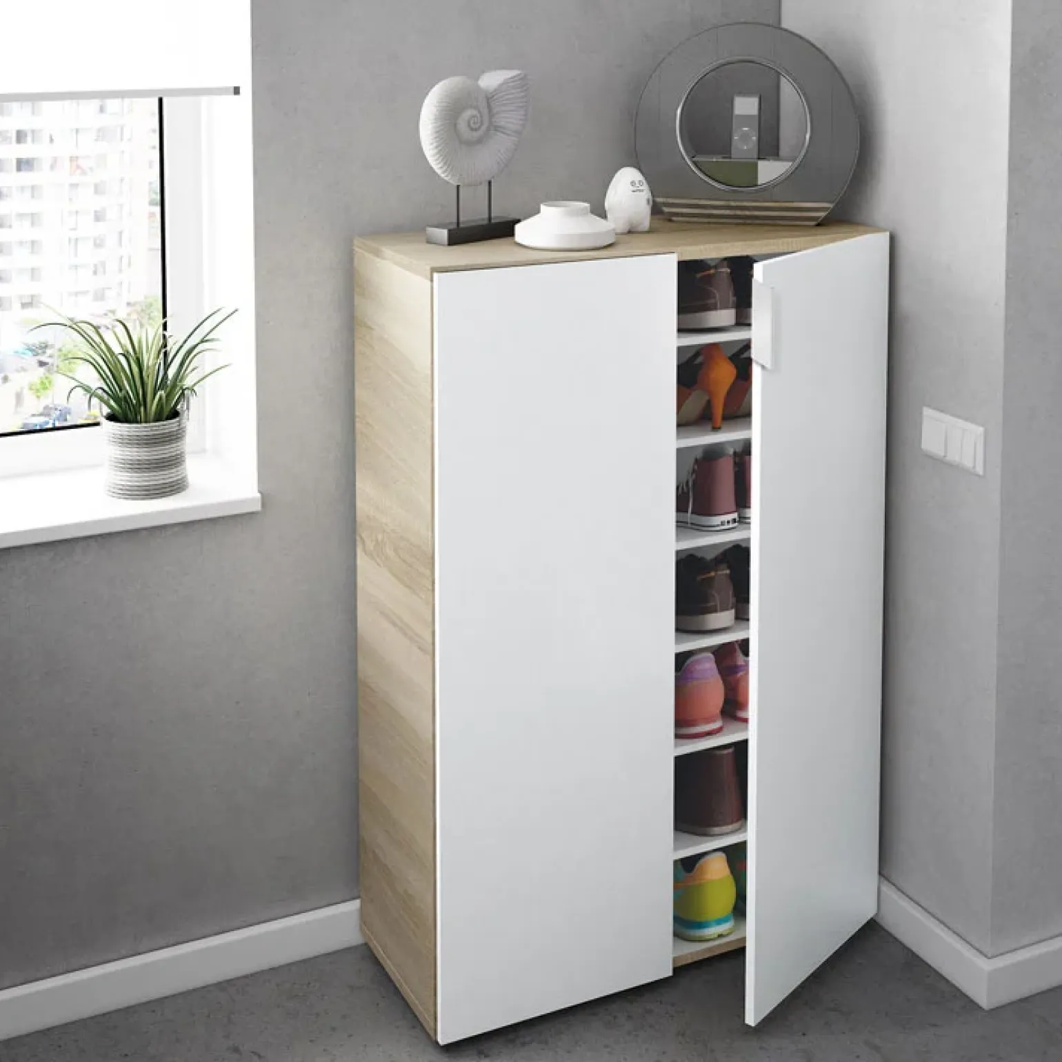 Armadio scarpiera 72x103h cm 6 ripiani bianco opaco rovere Stil Gihome®