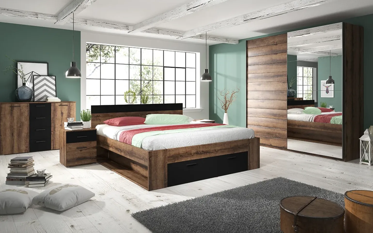 Armadio 180x210h cm 2 ante scorrevoli con specchio moderno rovere scuro Lisbona Gihome®