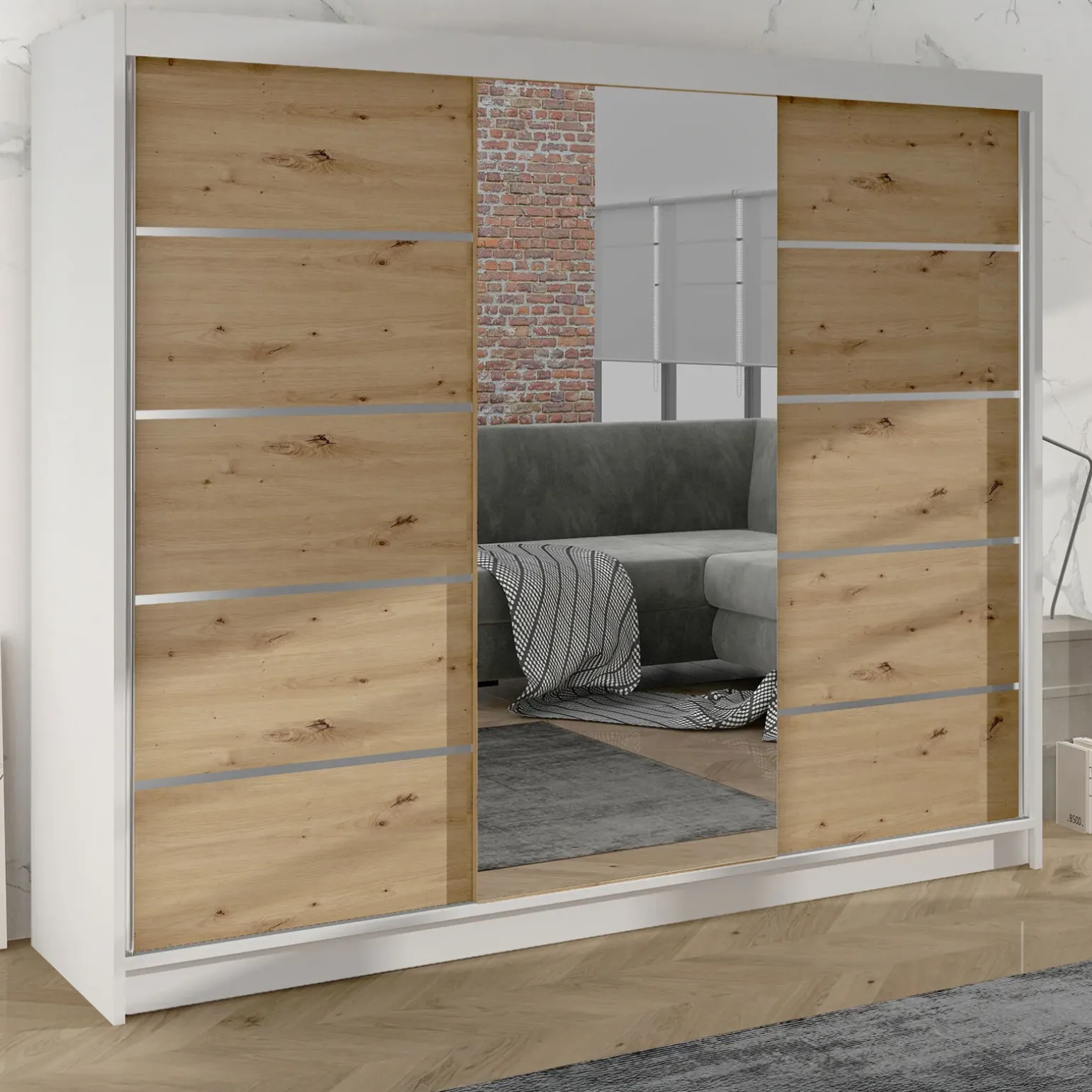 Armadio 200x215h cm 2 ante scorrevoli con specchio bianco opaco rovere Silven