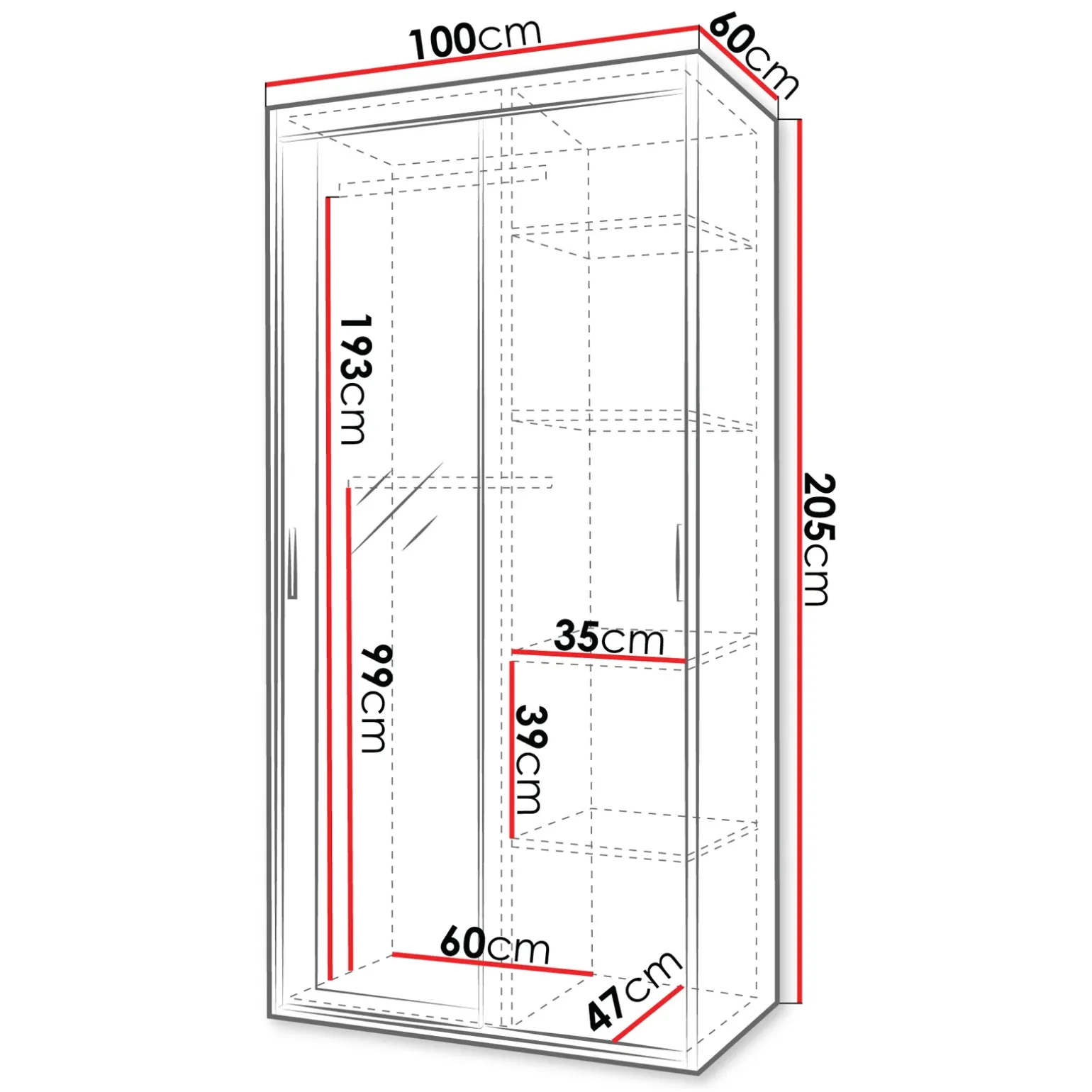 Armadio 100x205h cm 2 ante scorrevoli con specchio bianco Boselia