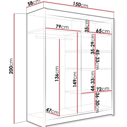 Armadio 150x200h cm 2 ante scorrevoli con specchio moderno bianco Lunysia