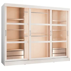 Armadio 250x203h cm 3 ante scorrevoli vetrate 4 cassetti con illuminazione a LED bianco opaco Nivora