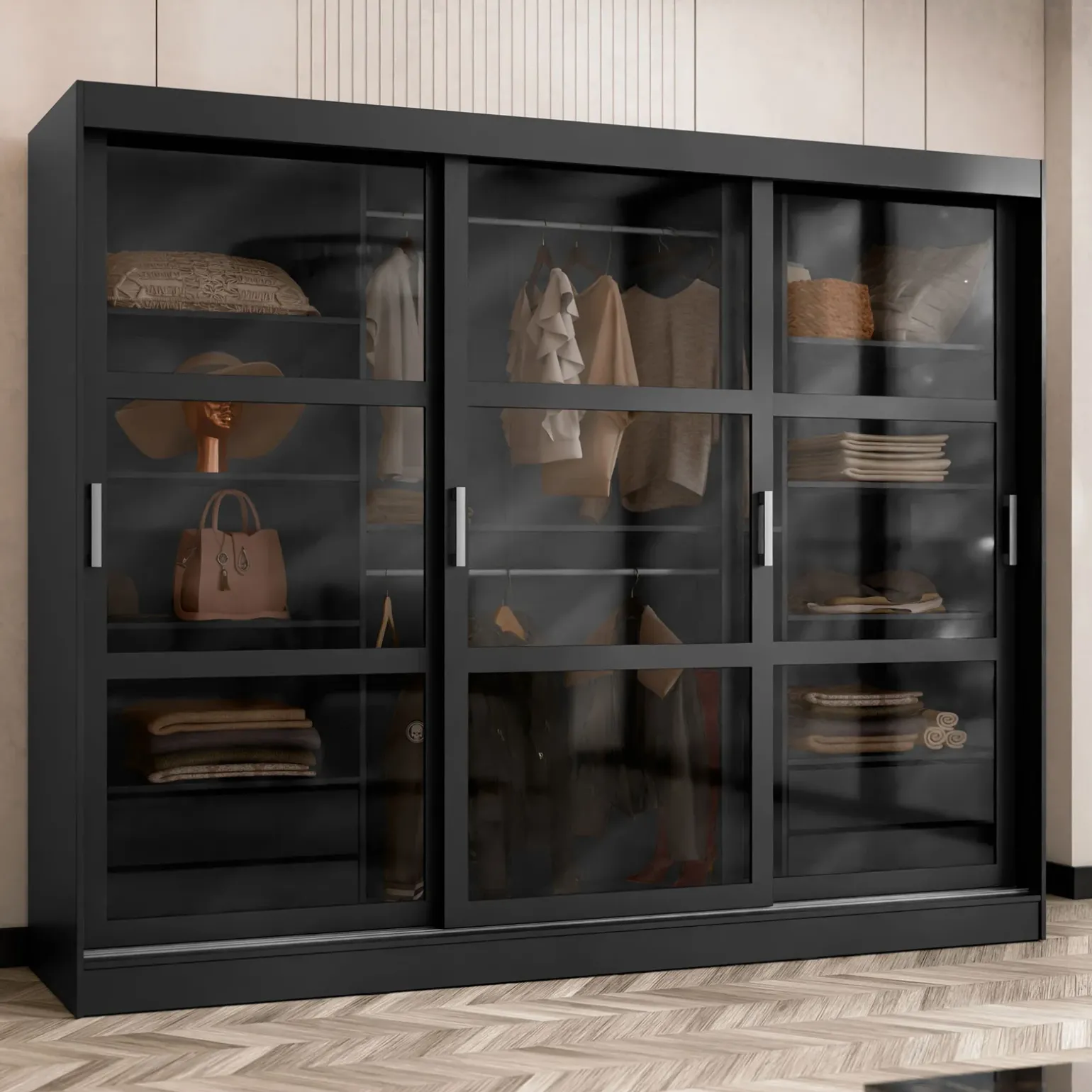 Armadio 250x203h cm 3 ante scorrevoli vetrate 4 cassetti nero opaco Nivora