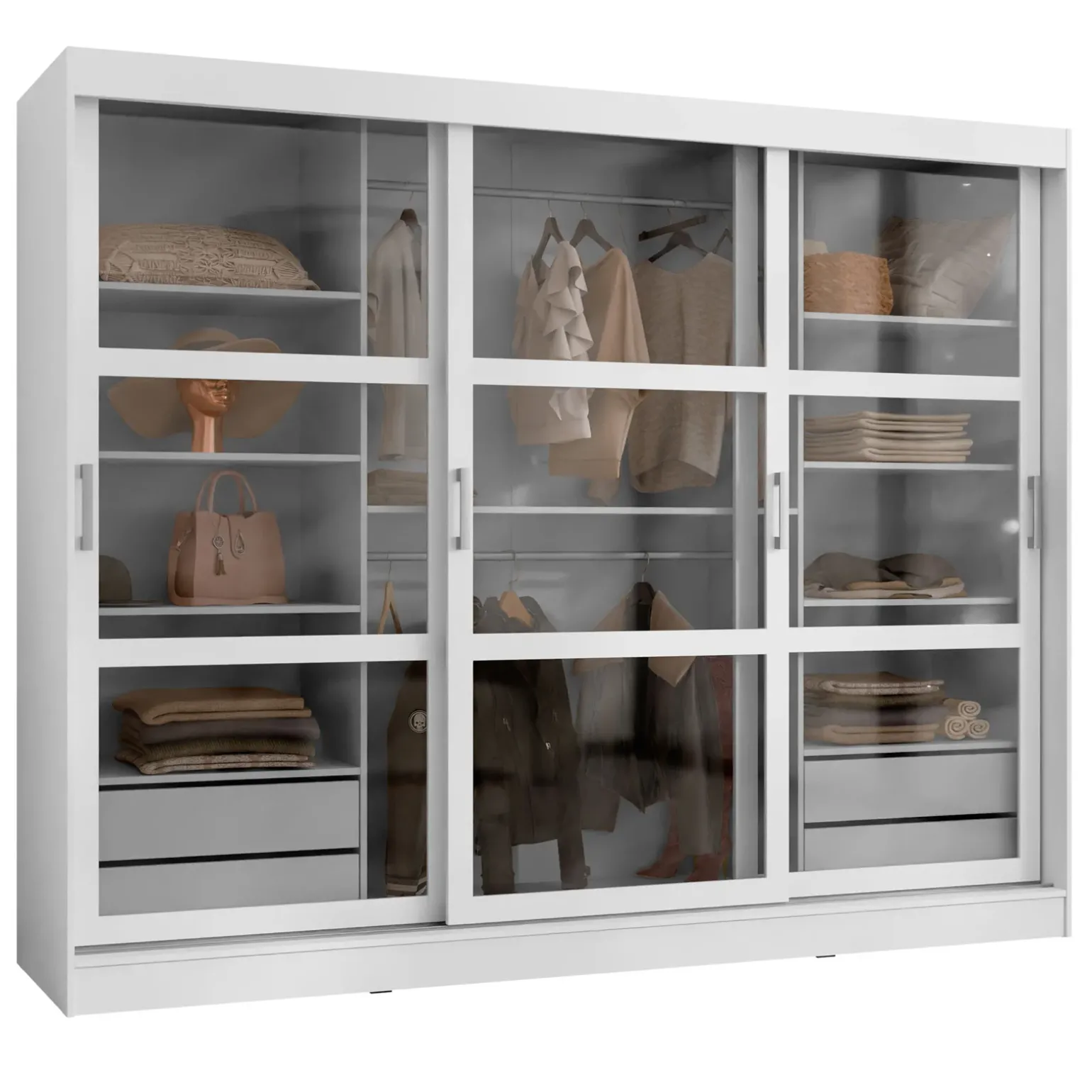 Armadio 250x203h cm 3 ante scorrevoli vetrate 4 cassetti bianco opaco Nivora