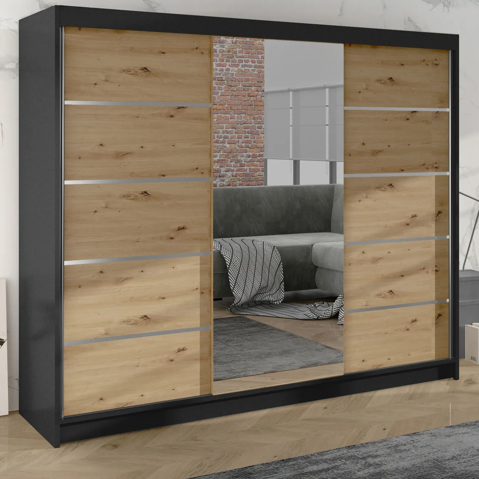 Armadio 200x215h cm 2 ante scorrevoli con specchio rovere nero opaco Silven