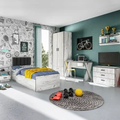 Cameretta per bambini 1 letto singolo contenitore bianco rustico grigio Zadar