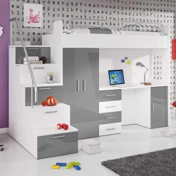 Cameretta 254x120cm 1 letto soppalco bianco grigio lucido Simone Gihome®