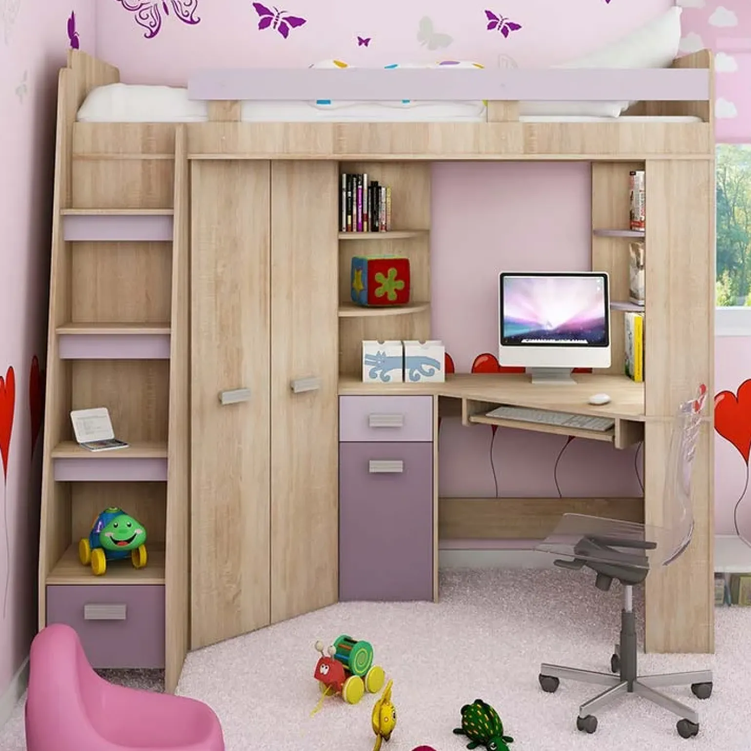 Cameretta 204x120cm completa sinistra 1 letto singolo rovere viola Dollie Gihome®