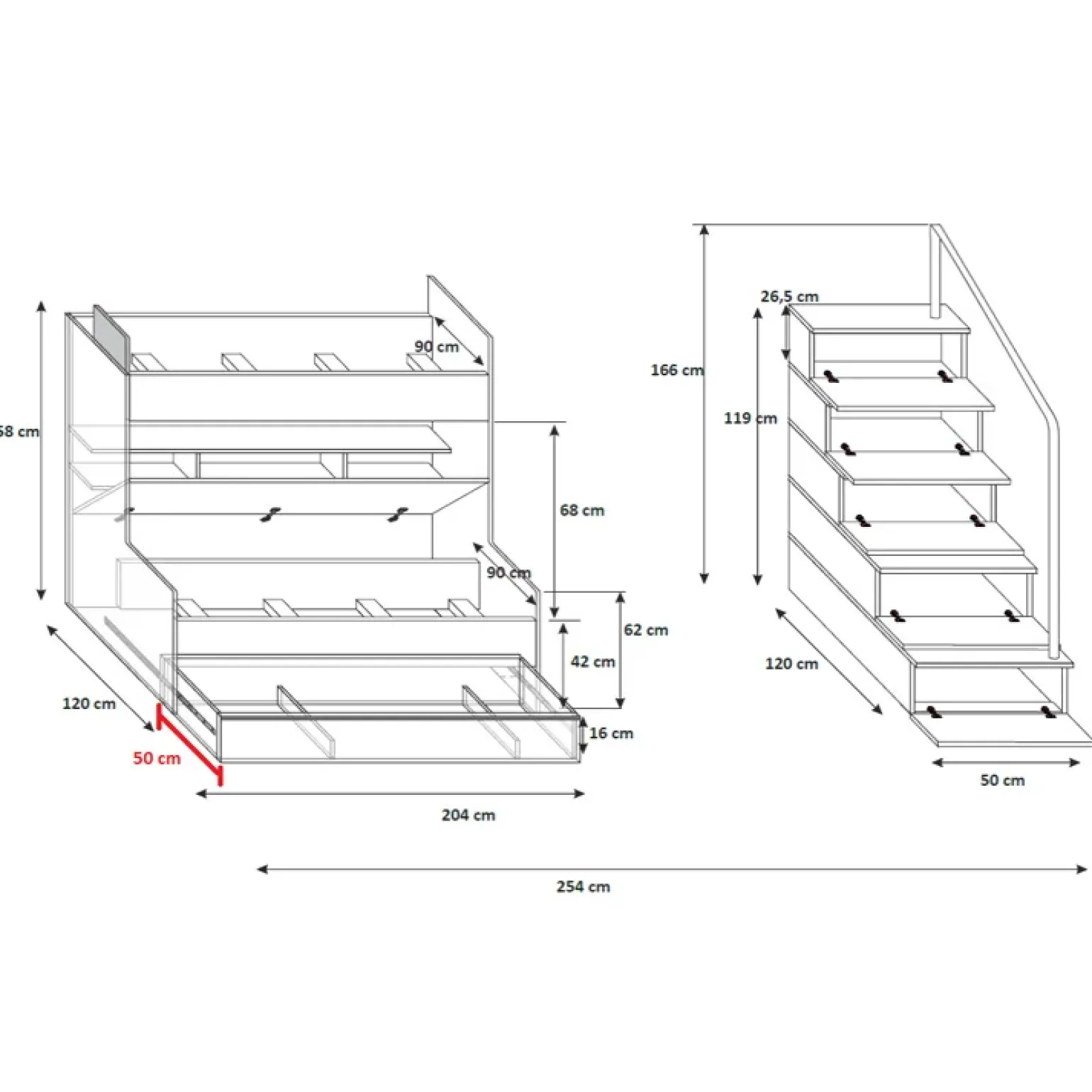 Cameretta 254x120cm con soppalco 2 letti singoli bianca Enrico Gihome®