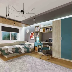 Cameretta per bambini completa con letto 120x190 cm rovere blu petrolio Alex Gihome®