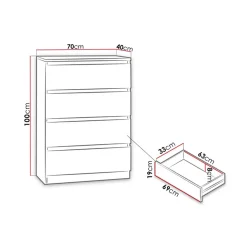 Cassettiera 70x100h cm 4 cassetti moderna bianco Rotterdam