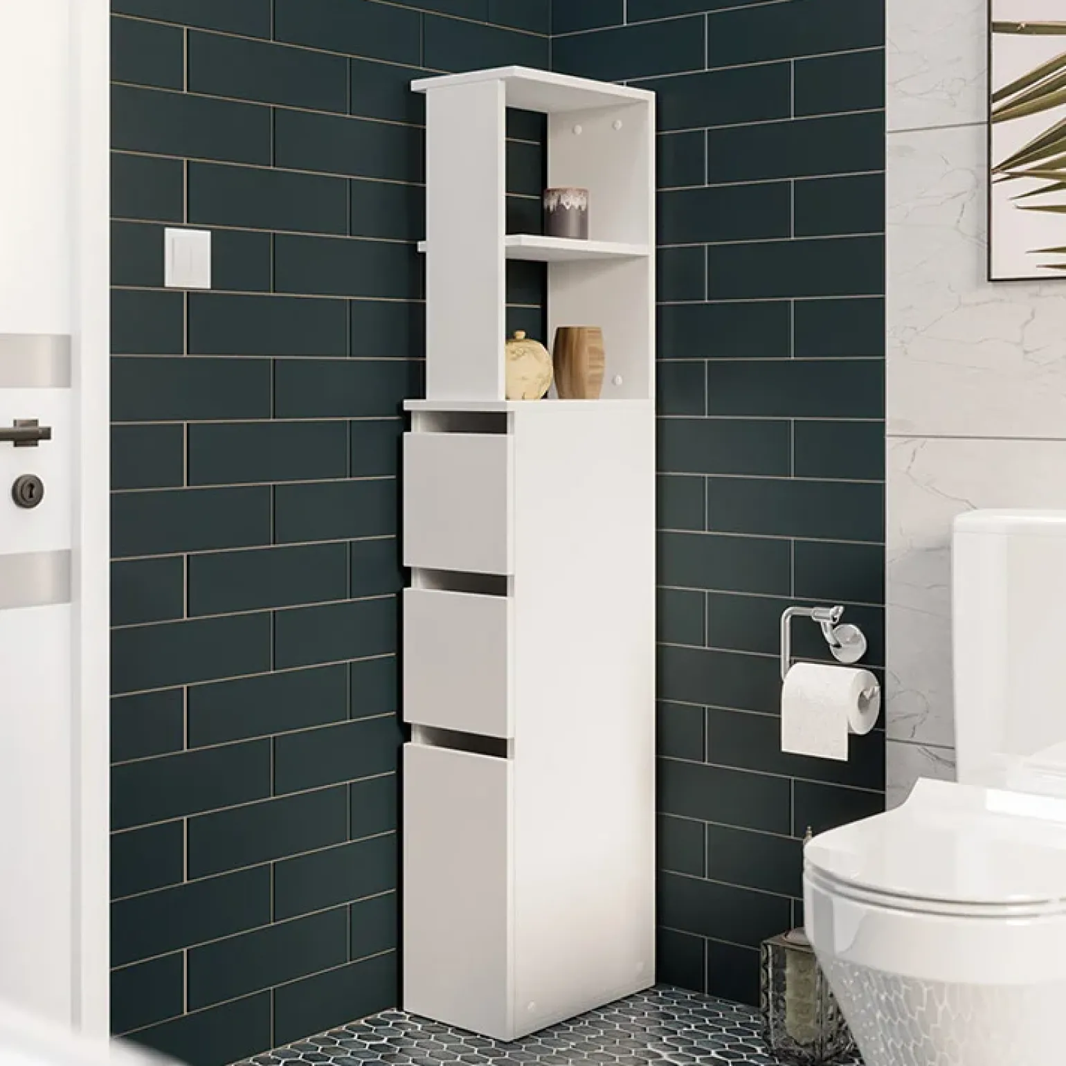 Colonna bagno 33x136h cm con 2 cassetti moderno bianco Zaida