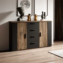 Comò moderno 132x94h cm con 4 cassetti e 2 ante rovere scuro nero Edric