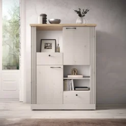 Credenza alta 118x160h cm 2 ante 3 vani 2 cassetti rovere bianco frassinato Doria