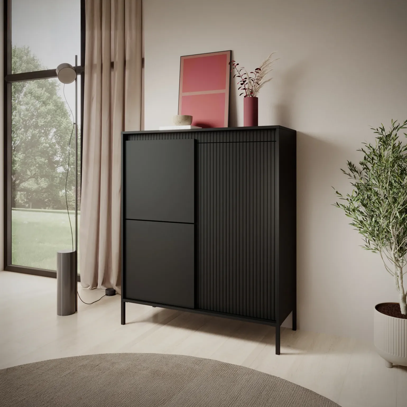 Credenza alta 104x124h cm 3 ante nero opaco cannettato Ciar