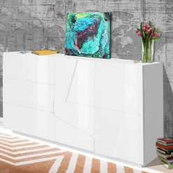 Credenza 143x86h cm 2 ante 3 cassetti moderna bianco lucido Zenzero Gihome®