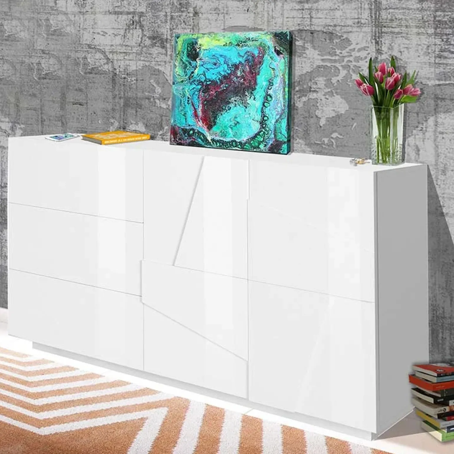 Credenza 143x86h cm 2 ante 3 cassetti moderna bianco lucido Zenzero Gihome®