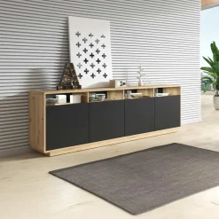 Credenza 238x75h cm 4 ante 4 vani a giorno moderna  nero opaco rovere Esmond