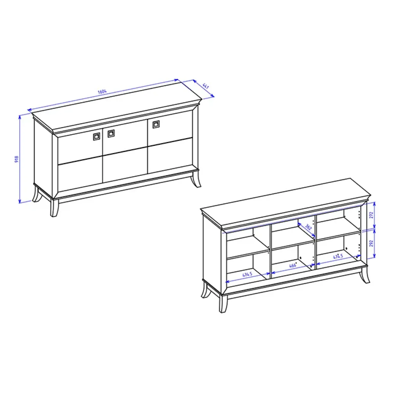 Credenza 160x92h cm 3 ante moderna antracite lucido rovere scuro Umag