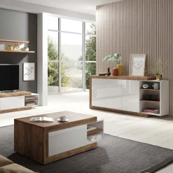 Credenza 220x86h cm 3 ante moderna bianco lucido rovereAria