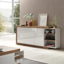 Credenza 180x86h cm 3 ante moderna bianco lucido rovere Aria