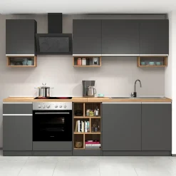 Cucina 255cm componibile lineare moderna antracite rovere Gourmet Elegance