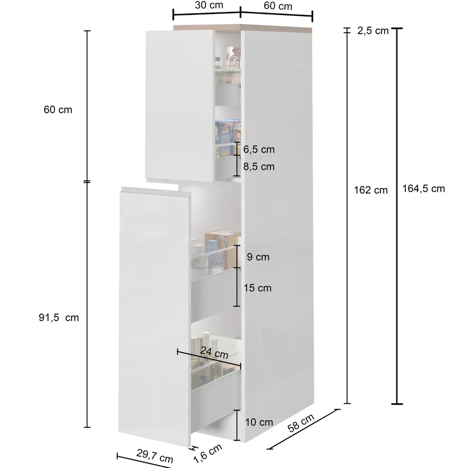 Dispensa cucina 30x165h cm scorrevole bianco rovere Gourmet