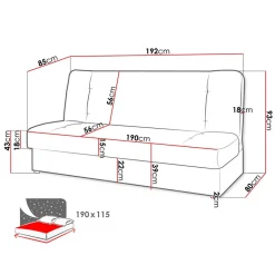 Divano letto 2 posti 192cm matrimoniale senza braccioli grigio nero Joby