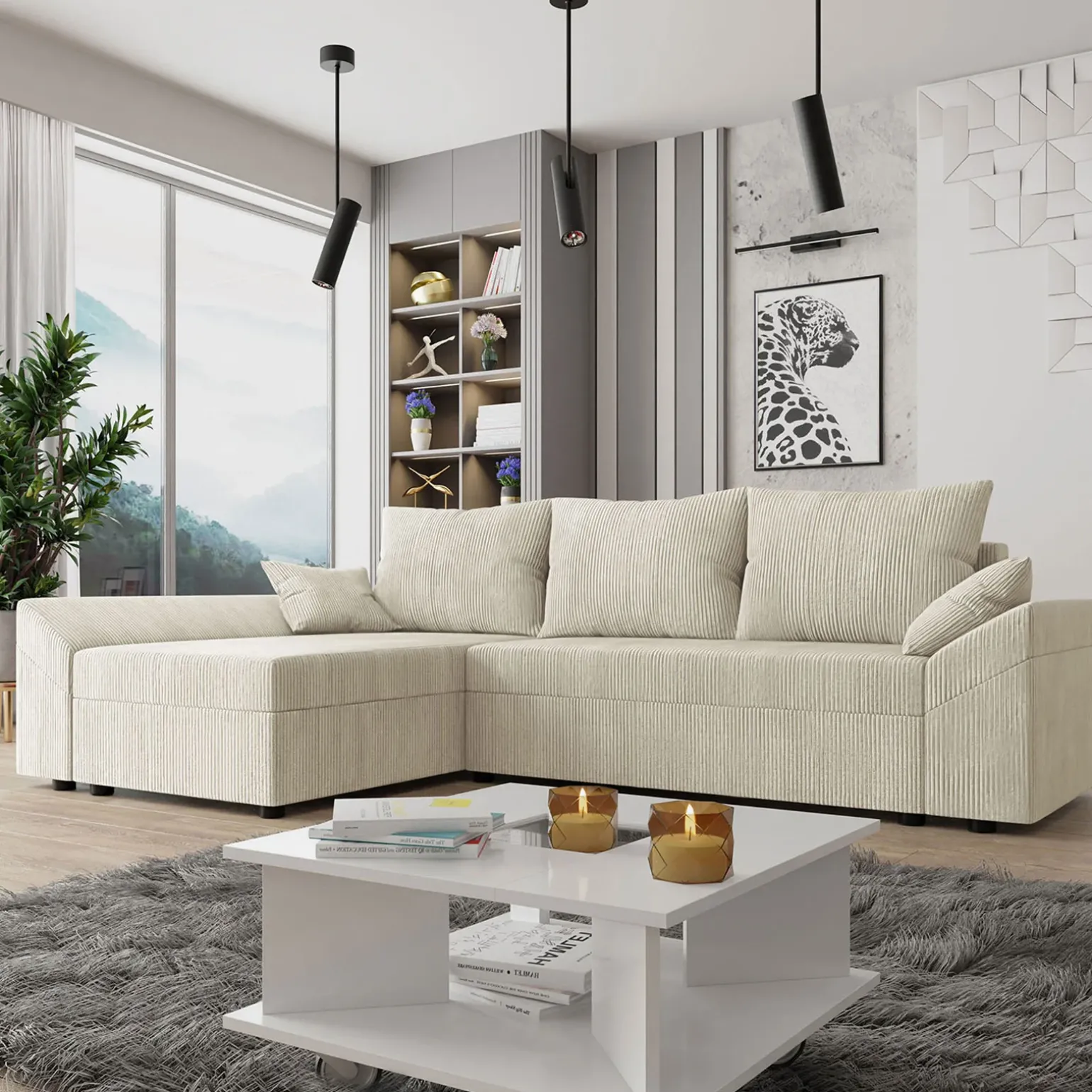 Divano letto 3 posti 240x145cm matrimoniale angolare velluto a coste beige Appia
