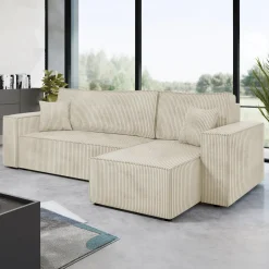 Divano letto angolare 3 posti 244x145cm con box contenitore velluto a coste beige Ploffy