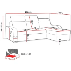 Divano letto angolare 3 posti 235x170cm con box contenitore grigio Tebro