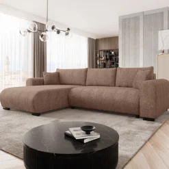 Divano letto angolare 4 posti 285x188cm con contenitore tessuto bouclé marrone chiaro Soft