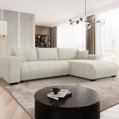 Divano letto angolare 4 posti 285x188cm con contenitore tessuto bouclé beige chiaro Soft