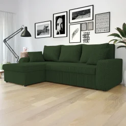 Divano letto angolare 3 posti 238x147cm con contenitore a coste verde Flow