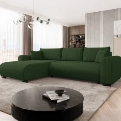 Divano letto angolare 4 posti 285x188cm con contenitore tessuto velluto a coste verde Soft