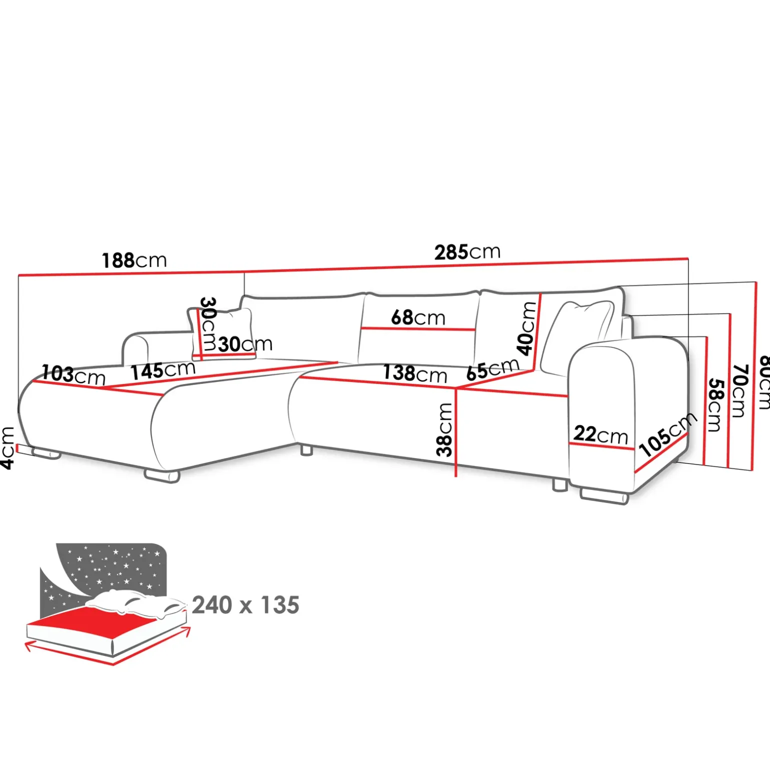 Divano letto angolare 4 posti 285x188cm con contenitore a trama spessa bianco Soft