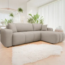 Divano letto angolare 3 posti 244x145cm con contenitore tessuto beige scuro Orama