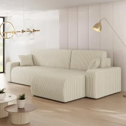 Divano letto angolare 3 posti 244x145cm con contenitore a coste beige Slurp