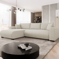 Divano letto angolare 4 posti 285x188cm con contenitore tessuto velluto a coste beige Soft
