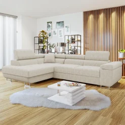 Divano letto angolare sinistra 4 posti 274x203cm imbottito a coste beige Bormio