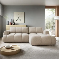 Divano letto con angolo a destra 4 posti 270x173cm con contenitore tessuto bouclé beige Litos
