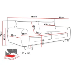 Divano letto matrimoniale 3 posti 251x95cm tessuto tortora Pluffy