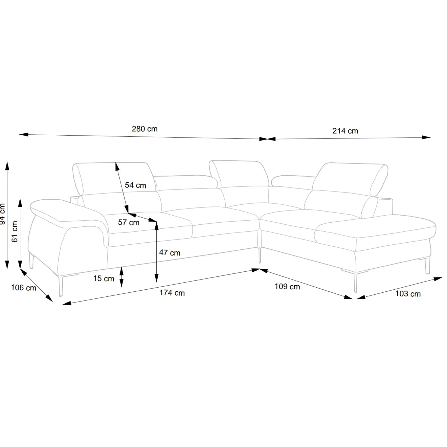Divano letto regolabile angolare destra 5 posti 280x214cm tessuto blu Snuggity