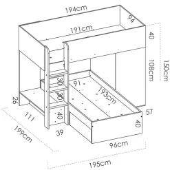 Letto a castello per bambini con armadio 255x112cm rovere grafite Sole