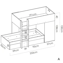 Letto a castello per bambini con armadio 255x112cm rovere bianco Sole