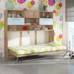 Letto a scomparsa orizzontale 90x200cm singolo con libreria rovere blu Alvin Gihome®