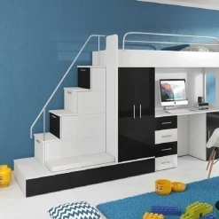 Letto a soppalco con armadio 324x180cm bianco nero 2  letti Diego Gihome®
