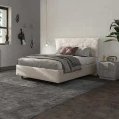 Letto contenitore matrimoniale 160x195cm imbottito tessuto bianco sabbia DreamSpace