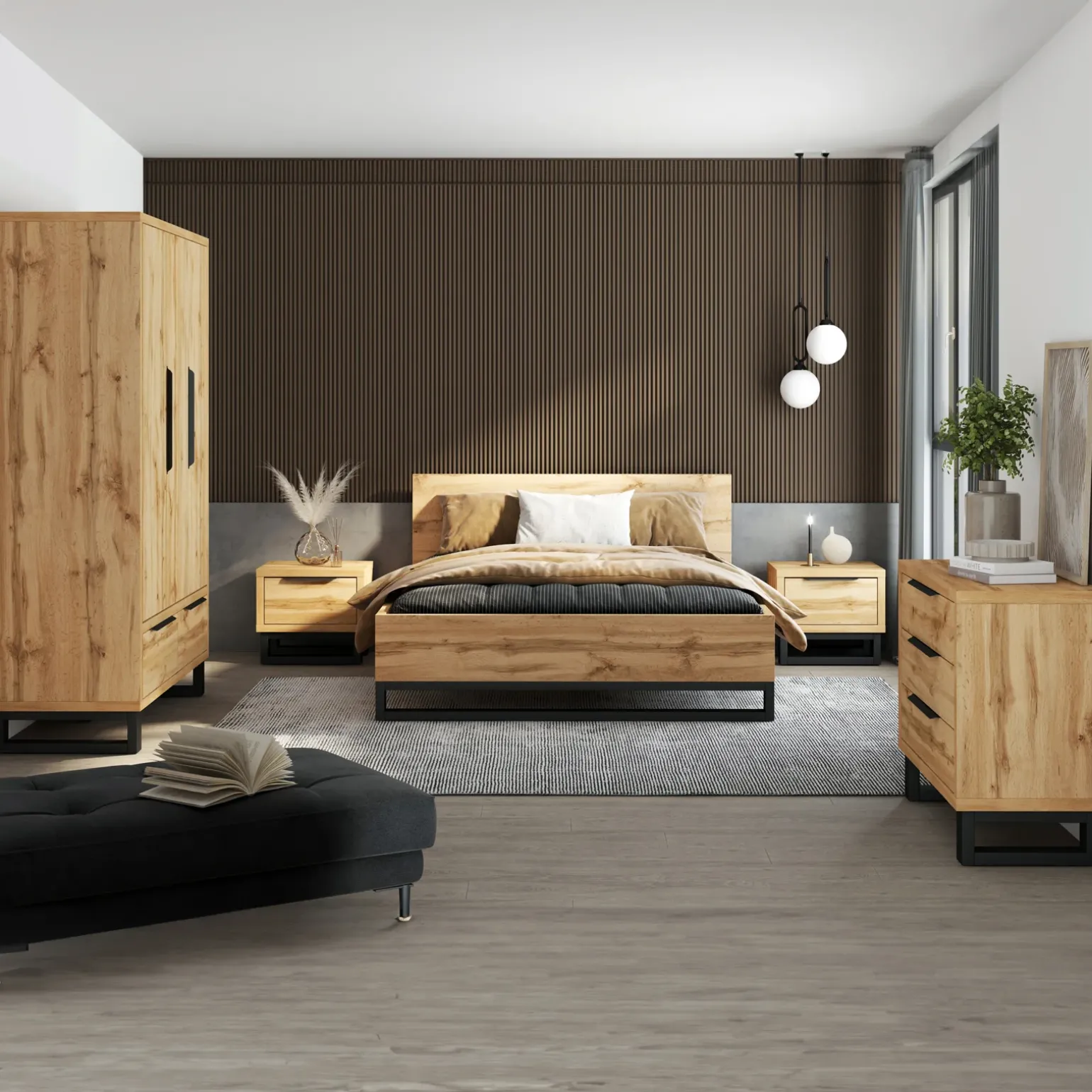 Letto matrimoniale oversize 180x200cm rovere metallo nero Petra